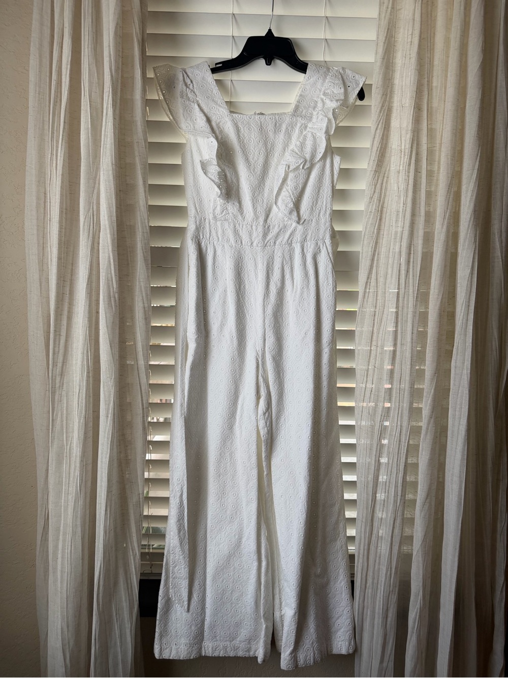 White Eyelet Wide-Leg Jumpsuit with Ruffle Shoulders